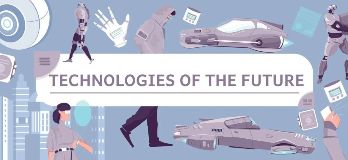 رسم توضيحي لتقنيات المستقبل يشمل روبوتات وواقع معزز وسيارات طائرة وواجهات رقمية
