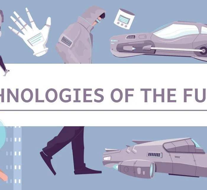 رسم توضيحي لتقنيات المستقبل يشمل روبوتات وواقع معزز وسيارات طائرة وواجهات رقمية