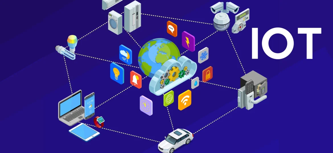 رسم توضيحي لإنترنت الأشياء IoT يوضح ربط الأجهزة الذكية بالسحابة مثل الكاميرات والسيارة والهاتف