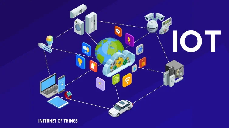 رسم توضيحي لإنترنت الأشياء IoT يوضح ربط الأجهزة الذكية بالسحابة مثل الكاميرات والسيارة والهاتف