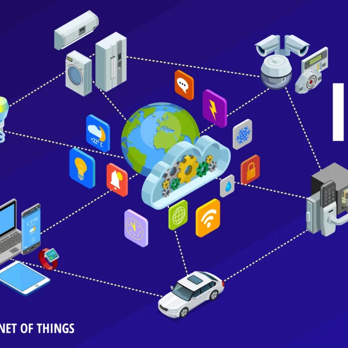 رسم توضيحي لإنترنت الأشياء IoT يوضح ربط الأجهزة الذكية بالسحابة مثل الكاميرات والسيارة والهاتف