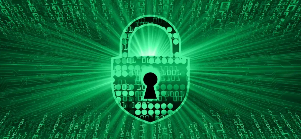 أيقونة قفل رقمية على خلفية بيانات ترمز إلى أمن الشبكات والتشفير