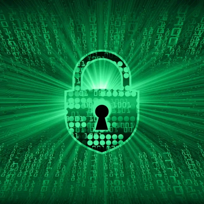 أيقونة قفل رقمية على خلفية بيانات ترمز إلى أمن الشبكات والتشفير