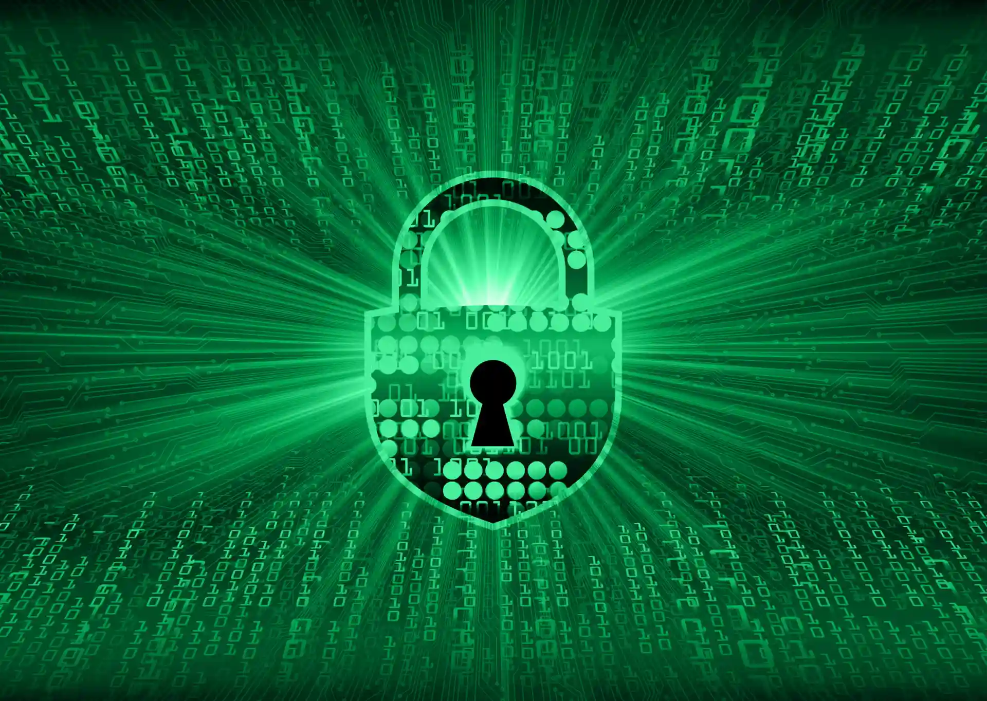 أيقونة قفل رقمية على خلفية بيانات ترمز إلى أمن الشبكات والتشفير