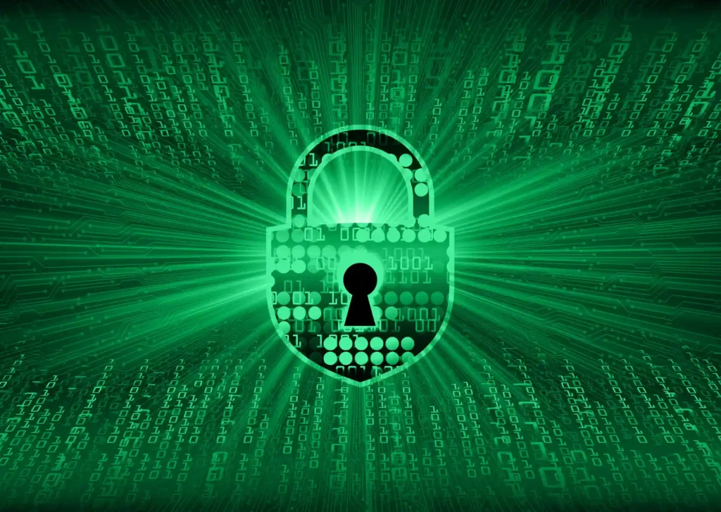 أيقونة قفل رقمية على خلفية بيانات ترمز إلى أمن الشبكات والتشفير
