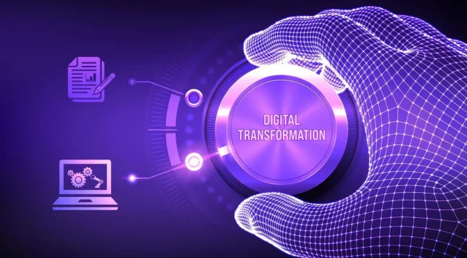 يد رقمية ثلاثية الأبعاد تدير زر التحول الرقمي لأتمتة العمليات وتحديث الأعمال