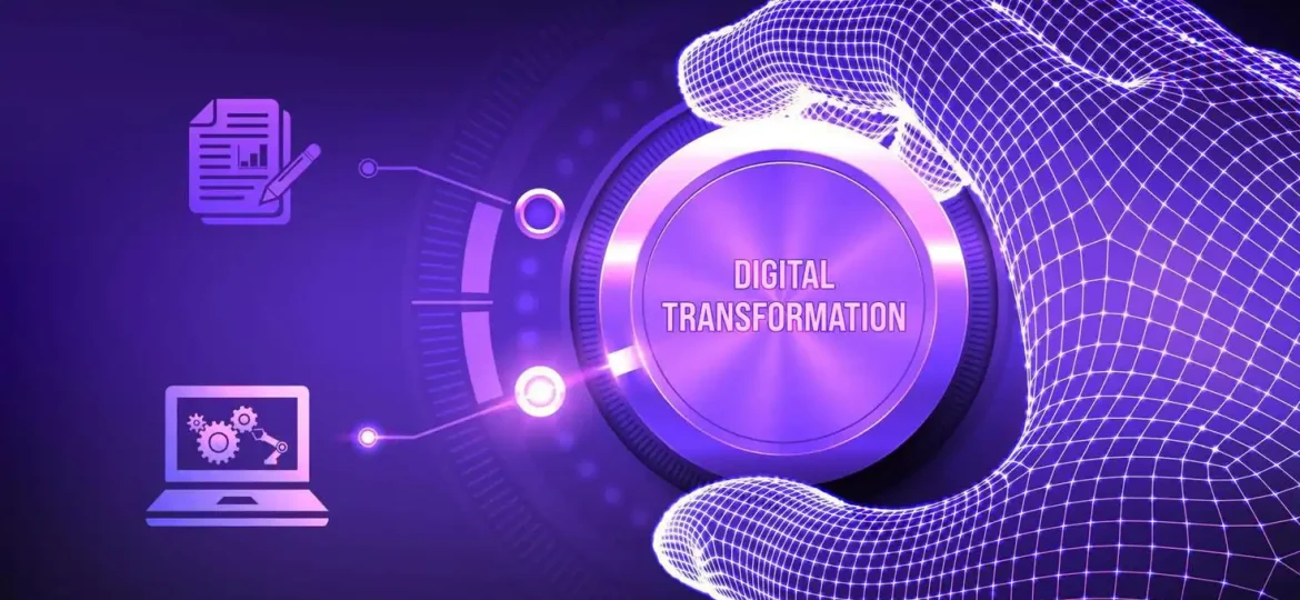 يد رقمية ثلاثية الأبعاد تدير زر التحول الرقمي لأتمتة العمليات وتحديث الأعمال