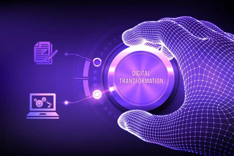 يد رقمية ثلاثية الأبعاد تدير زر التحول الرقمي لأتمتة العمليات وتحديث الأعمال